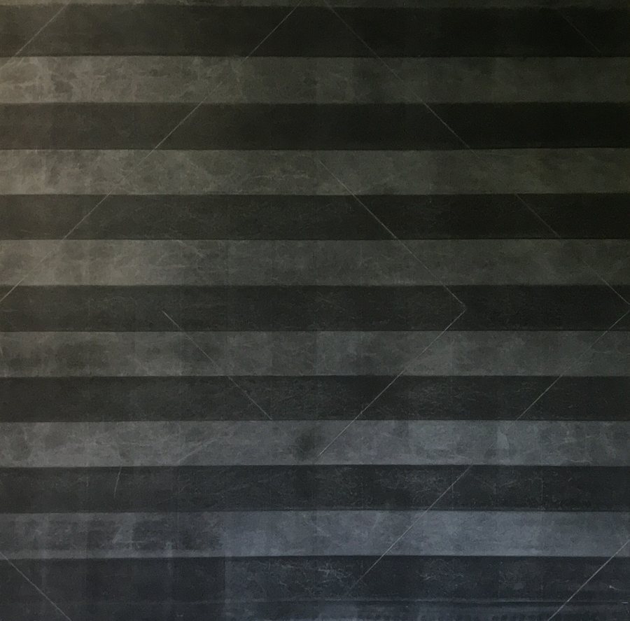 Horizontal bands of black and charcoal grey across a square canvas, with faint diagonal fold lines. Erasure No.10, 2021, by Emma Hurst.