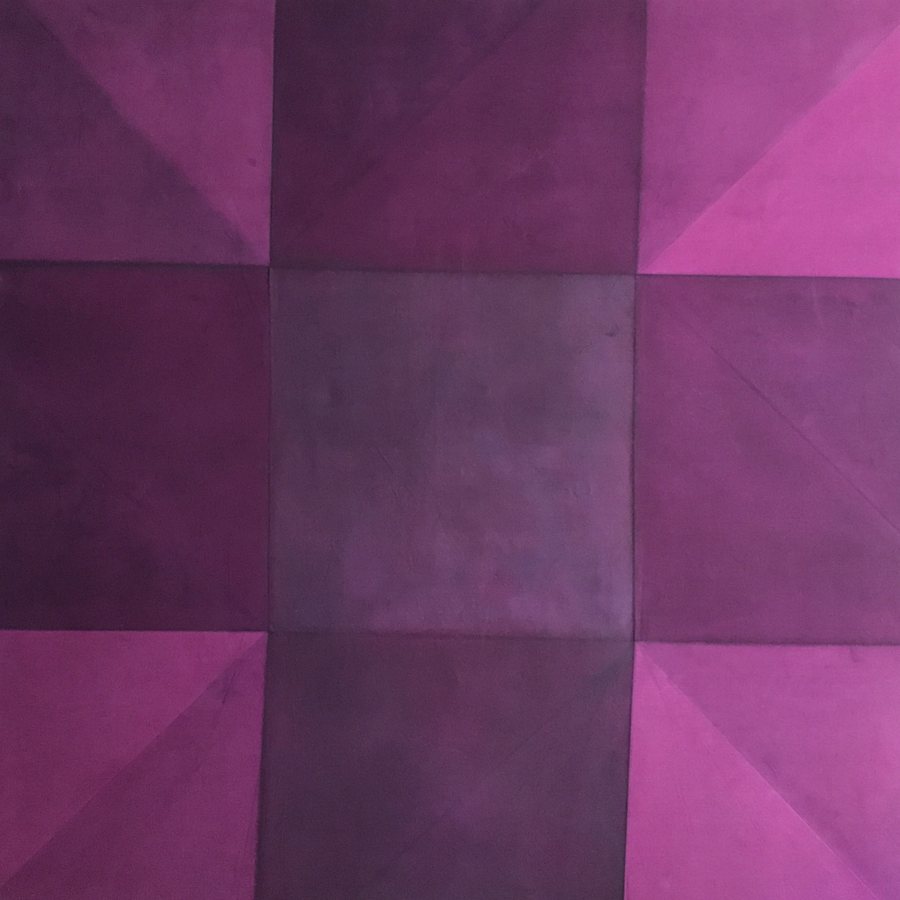 Square painting in plum and magenta, a nine-part grid of folded creases with bright pink triangular corners. Erasure No.2, 2019, by Emma Hurst.