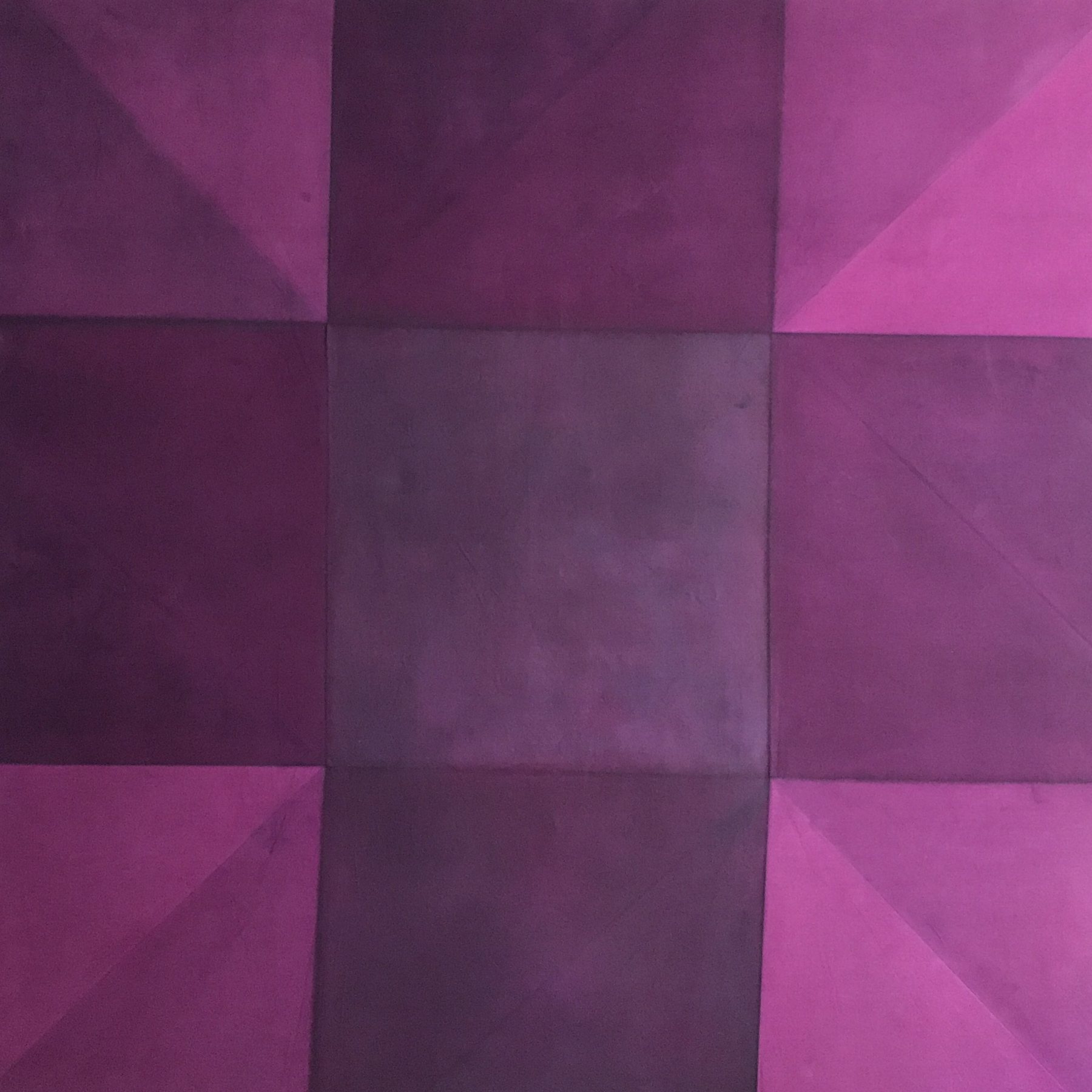 Square painting in plum and magenta, a nine-part grid of folded creases with bright pink triangular corners. Erasure No.2, 2019 by Emma Hurst.