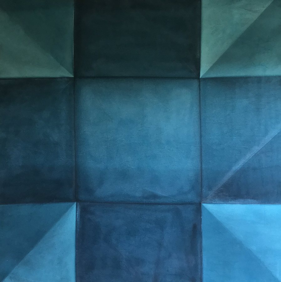 Square painting in deep teal and blue, divided by folded creases into a nine-part grid with lighter triangles in the corners. Erasure No.7, 2019, by Emma Hurst.