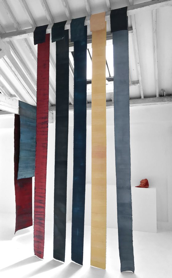 Long unstretched canvas drops in red, navy, grey and ochre hanging from ceiling to floor in a white gallery. Eutopia, 2019, by Emma Hurst.