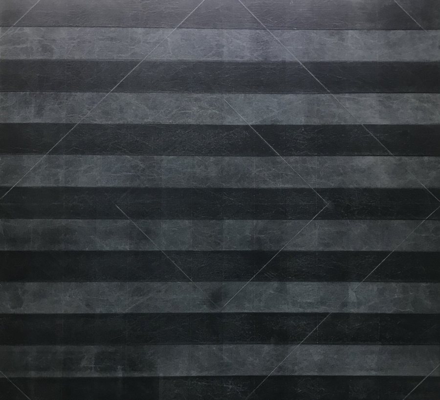 Square canvas of alternating black and grey horizontal bands with faint diagonal creases. Untitled, 2019, by Emma Hurst.