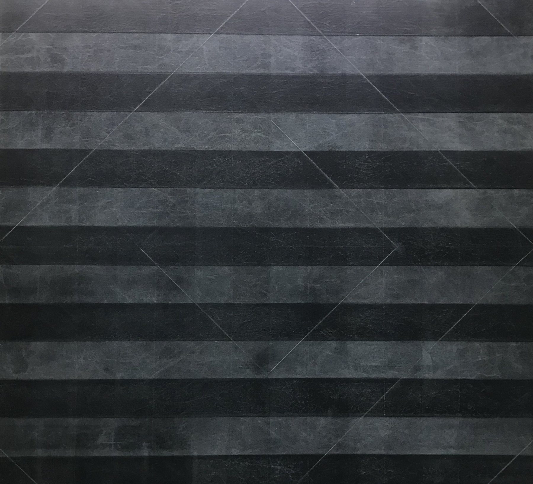 Square canvas of alternating black and grey horizontal bands with faint diagonal creases. Untitled, 2019 by Emma Hurst.