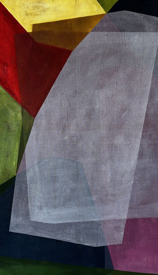 Collage of stained canvas planes in red, yellow, green and magenta under a translucent pale sheet. Untitled, 2025, by Emma Hurst.
