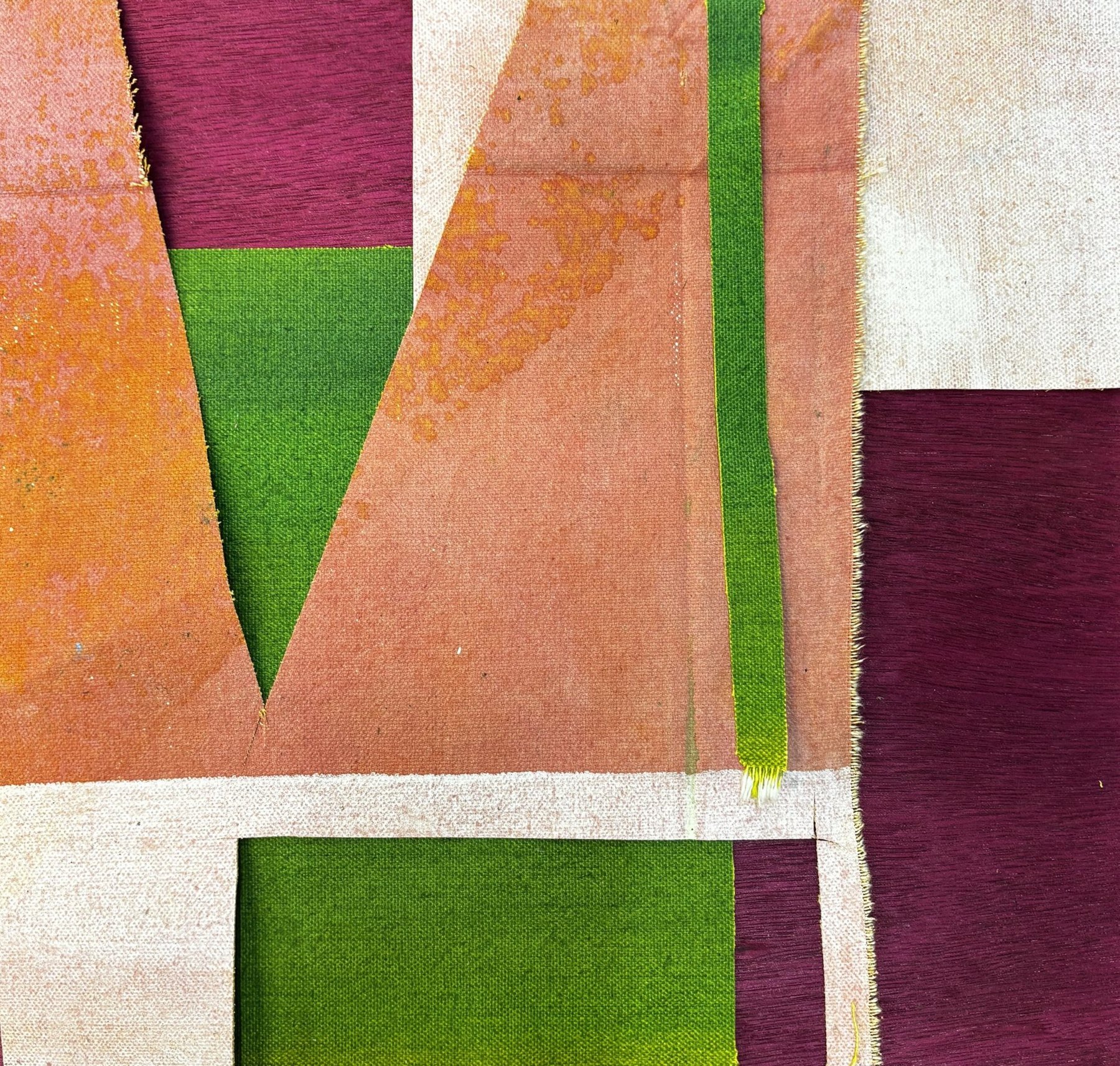 Collage of pieced canvas in coral, green, cream and maroon forming a large V shape. Untitled, 2025 by Emma Hurst.