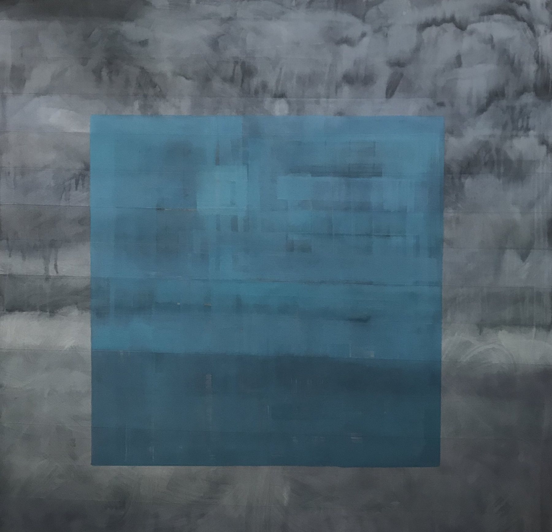 A soft blue square floating on a smoky grey ground. Untitled, 2020 by Emma Hurst.