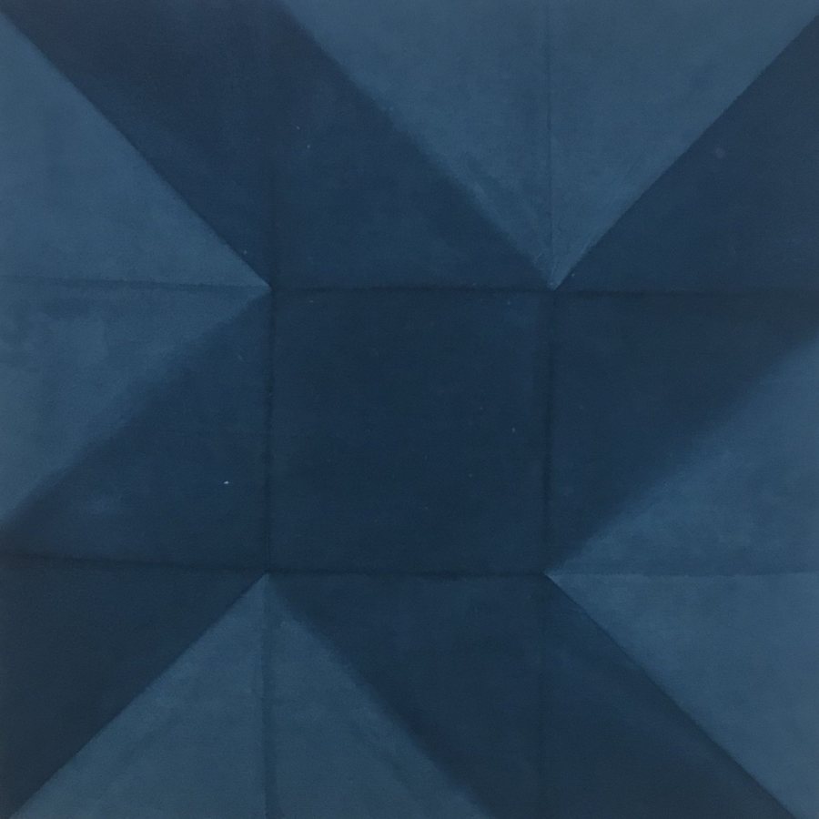 Deep blue square canvas with folded diagonals forming a large X and a central grid. Untitled, 2022, by Emma Hurst.